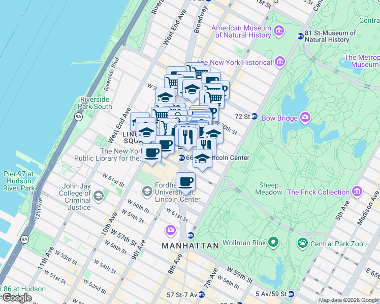 map of restaurants, bars, coffee shops, grocery stores, and more near 148 Columbus Avenue in New York