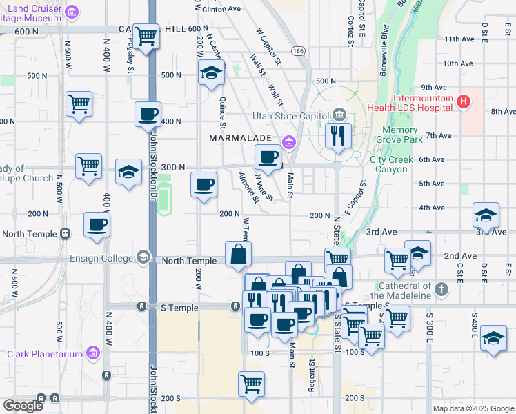 map of restaurants, bars, coffee shops, grocery stores, and more near 240 North Vine Street in Salt Lake City