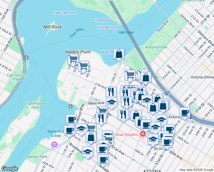 map of restaurants, bars, coffee shops, grocery stores, and more near 26-45 9th Street in Queens
