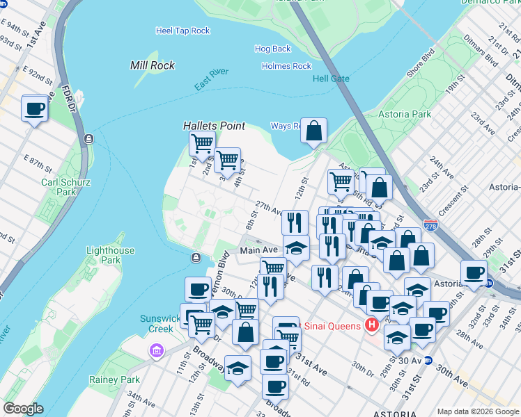 map of restaurants, bars, coffee shops, grocery stores, and more near 8-14 27th Avenue in Queens