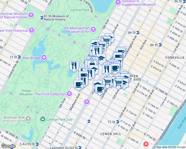 map of restaurants, bars, coffee shops, grocery stores, and more near 974 Madison Avenue in New York