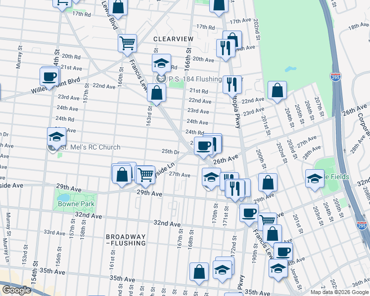 map of restaurants, bars, coffee shops, grocery stores, and more near 4 166th Street in Queens