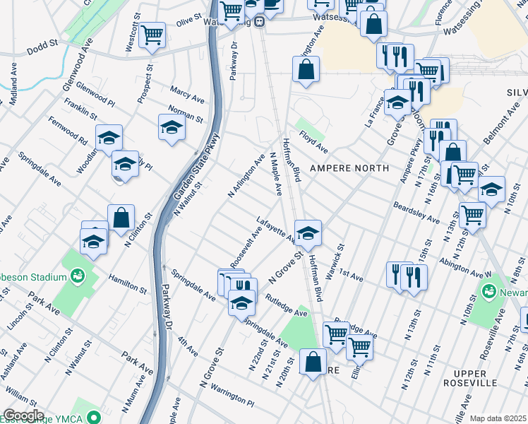 map of restaurants, bars, coffee shops, grocery stores, and more near 552 North Maple Avenue in East Orange