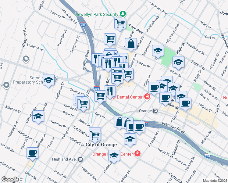map of restaurants, bars, coffee shops, grocery stores, and more near 360 Valley Road in West Orange