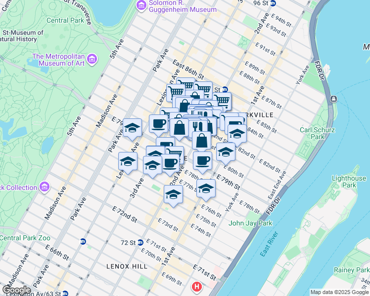 map of restaurants, bars, coffee shops, grocery stores, and more near 1553 2nd Avenue in New York