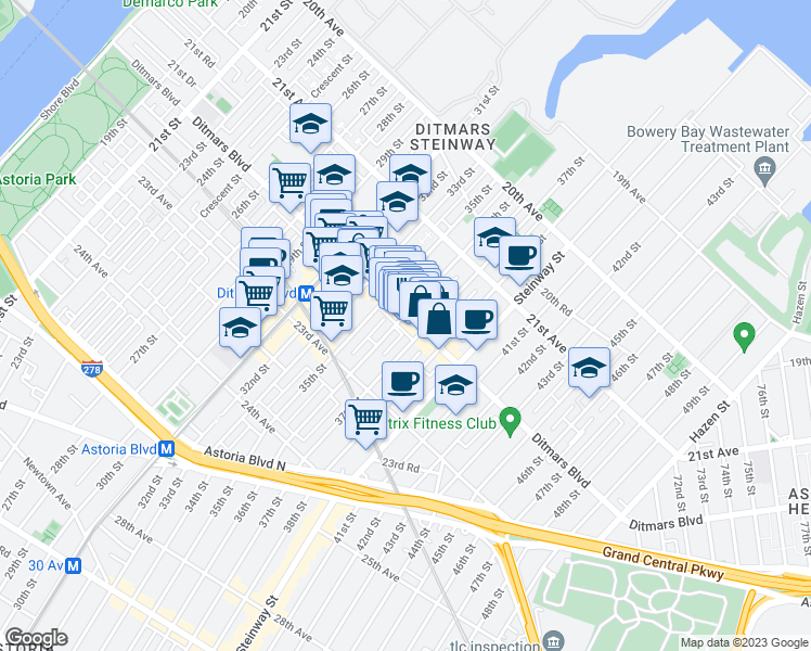 map of restaurants, bars, coffee shops, grocery stores, and more near 36-06 Ditmars Boulevard in Queens
