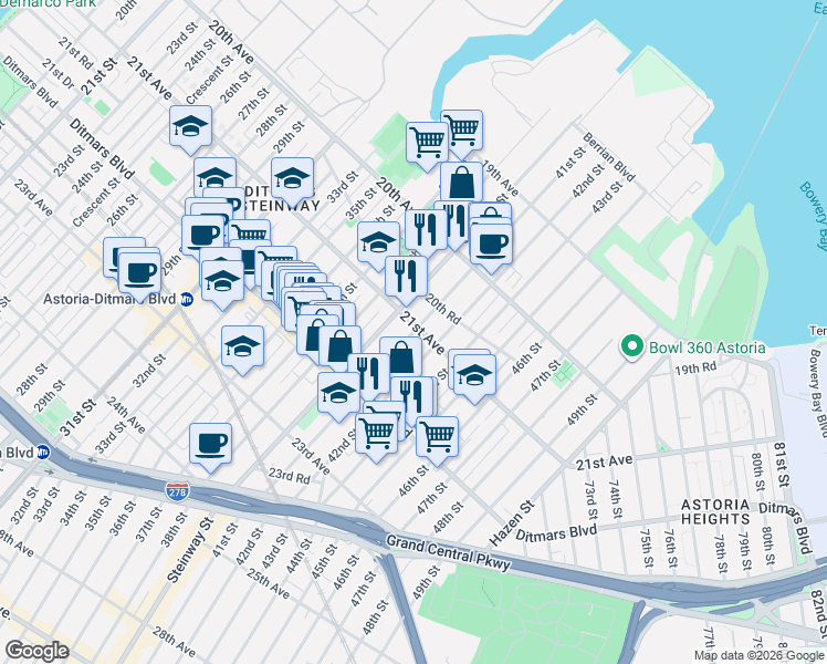 map of restaurants, bars, coffee shops, grocery stores, and more near 20-79 Steinway Street in Queens