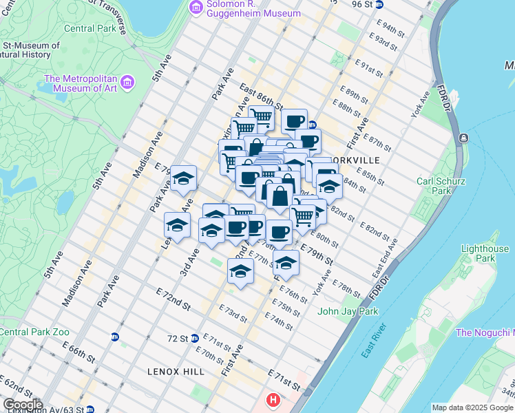 map of restaurants, bars, coffee shops, grocery stores, and more near 242 East 80th Street in New York