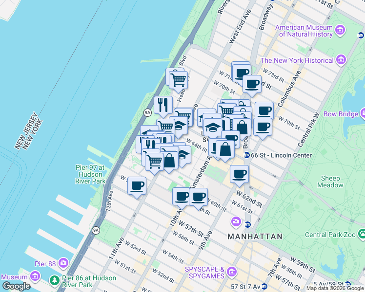 map of restaurants, bars, coffee shops, grocery stores, and more near 247 West 63rd Street in New York