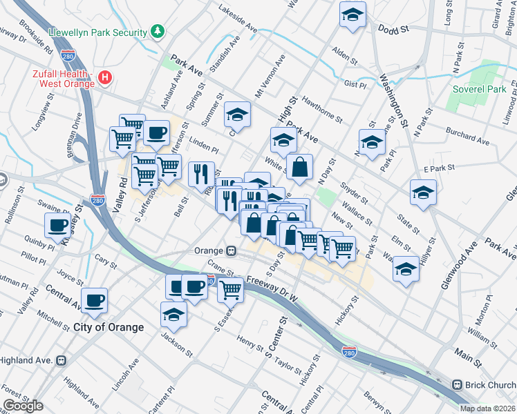 map of restaurants, bars, coffee shops, grocery stores, and more near 28 High Street in City of Orange