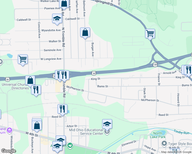 map of restaurants, bars, coffee shops, grocery stores, and more near 874 King Street in Mansfield