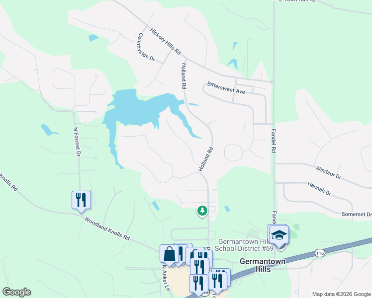 map of restaurants, bars, coffee shops, grocery stores, and more near 504 Wedgewood Terrace in Germantown Hills