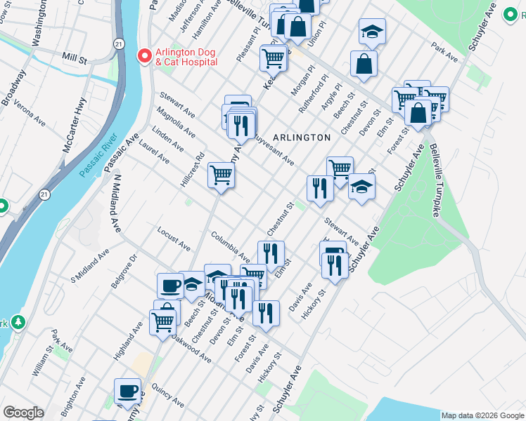 map of restaurants, bars, coffee shops, grocery stores, and more near 126 Argyle Place in Kearny