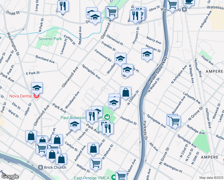 map of restaurants, bars, coffee shops, grocery stores, and more near 459 Springdale Avenue in East Orange