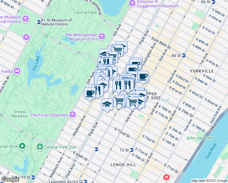 map of restaurants, bars, coffee shops, grocery stores, and more near 849 Park Avenue in New York