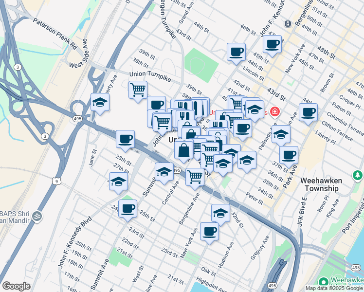 map of restaurants, bars, coffee shops, grocery stores, and more near in Union City