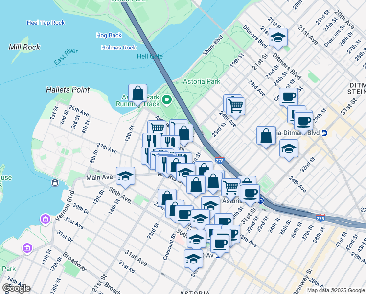 map of restaurants, bars, coffee shops, grocery stores, and more near 1547 21st Street in Queens