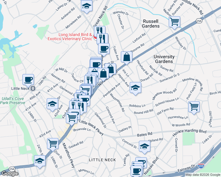 map of restaurants, bars, coffee shops, grocery stores, and more near 4511 Westminster Road in Great Neck