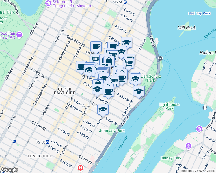 map of restaurants, bars, coffee shops, grocery stores, and more near 408 East 82nd Street in New York