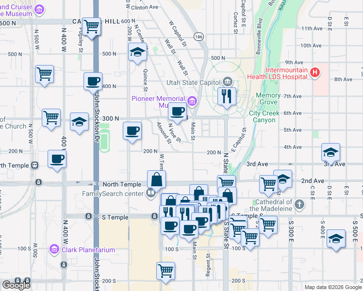 map of restaurants, bars, coffee shops, grocery stores, and more near 241 North Vine Street in Salt Lake City