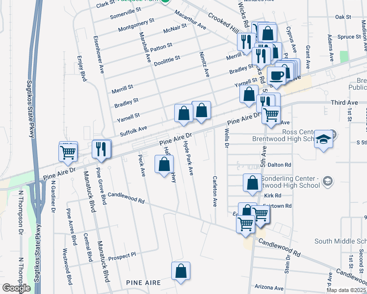 map of restaurants, bars, coffee shops, grocery stores, and more near 3 Princess Avenue in Bay Shore