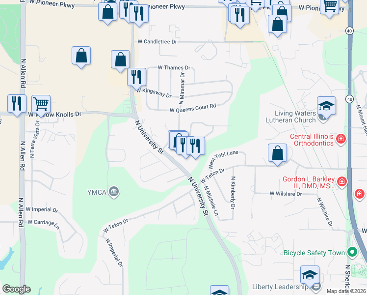 map of restaurants, bars, coffee shops, grocery stores, and more near 1540 West Tiffany Court in Peoria