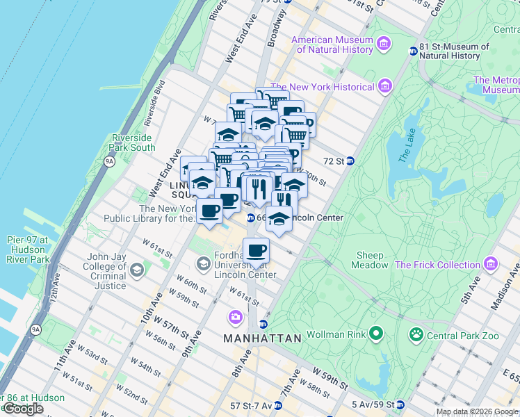 map of restaurants, bars, coffee shops, grocery stores, and more near 148 Columbus Avenue in New York