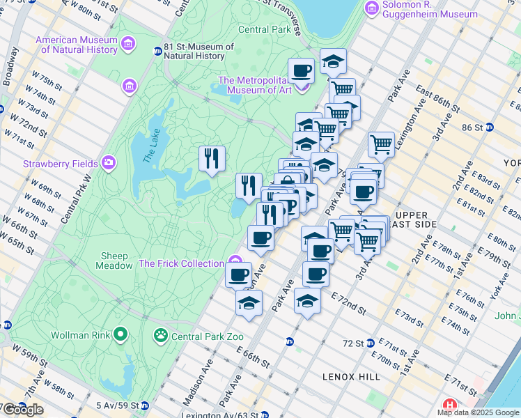 map of restaurants, bars, coffee shops, grocery stores, and more near 934 5th Avenue in New York