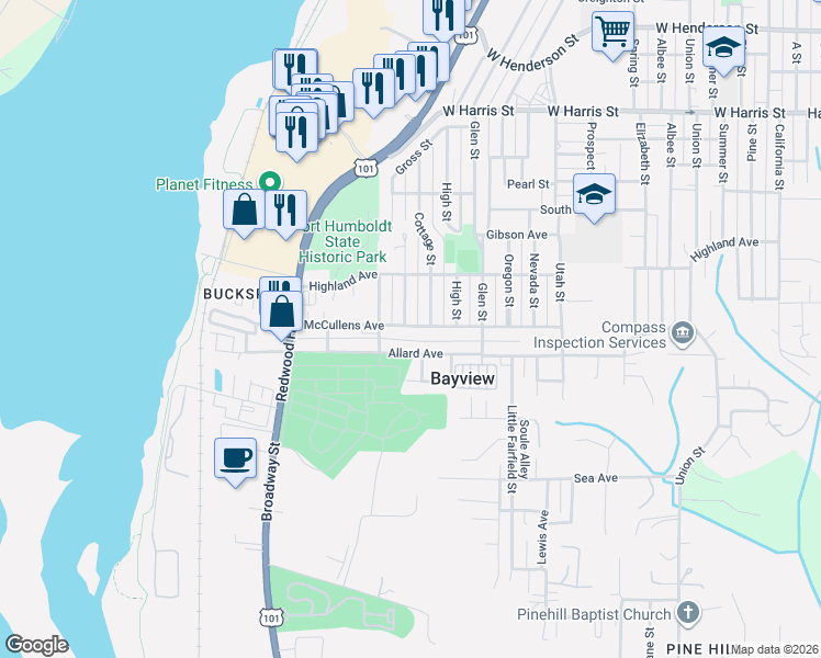 map of restaurants, bars, coffee shops, grocery stores, and more near 3568 Dakota Street in Eureka