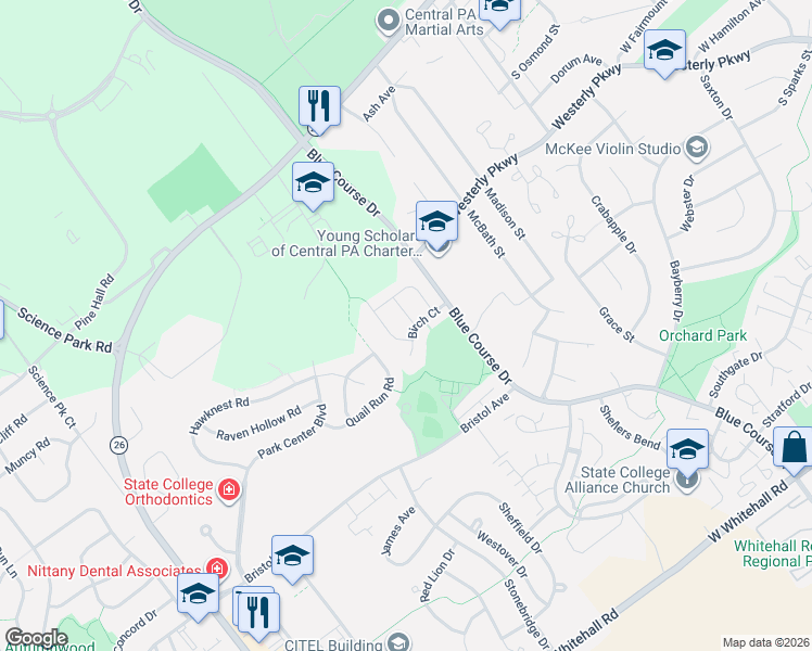 map of restaurants, bars, coffee shops, grocery stores, and more near 1631-1633 Birch Ct in State College