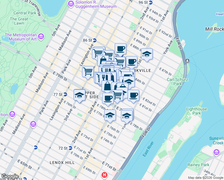 map of restaurants, bars, coffee shops, grocery stores, and more near 326 East 81st Street in New York