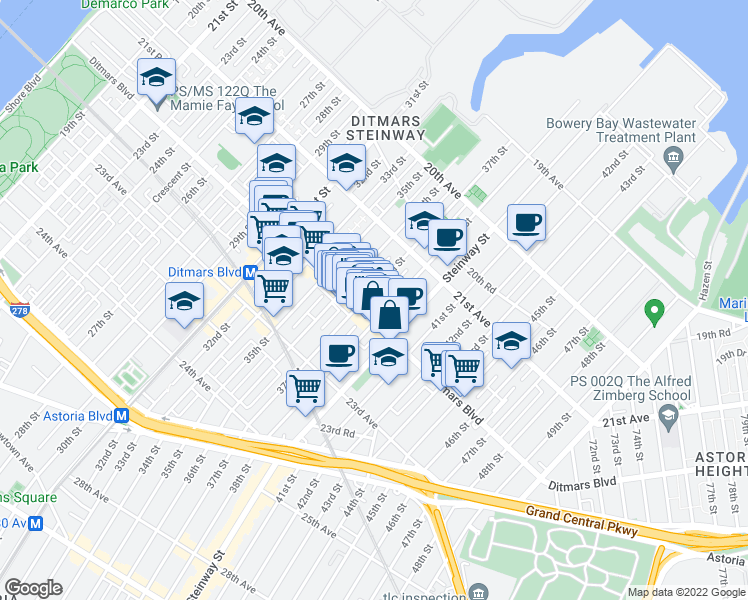 map of restaurants, bars, coffee shops, grocery stores, and more near 2167 37th Street in Queens