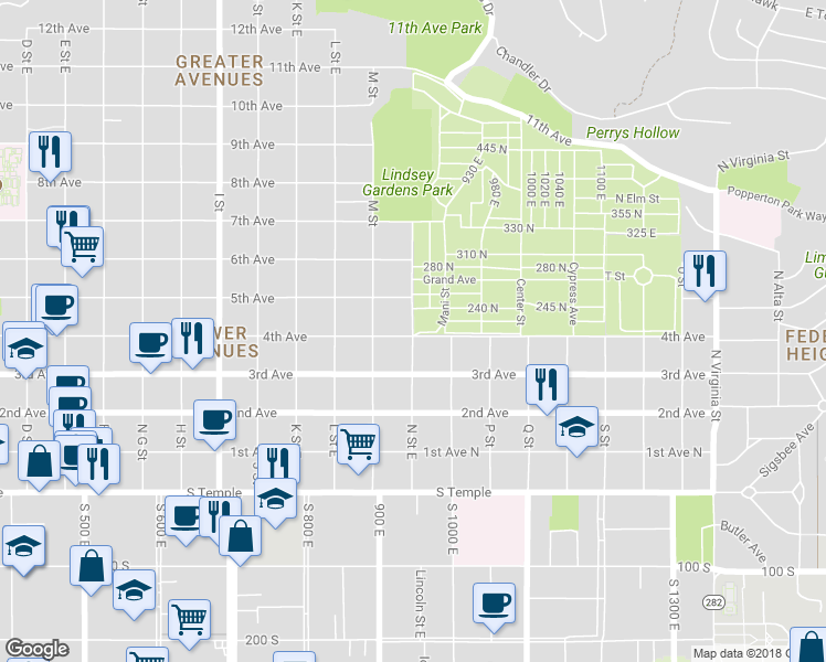 map of restaurants, bars, coffee shops, grocery stores, and more near 206 N Street East in Salt Lake City