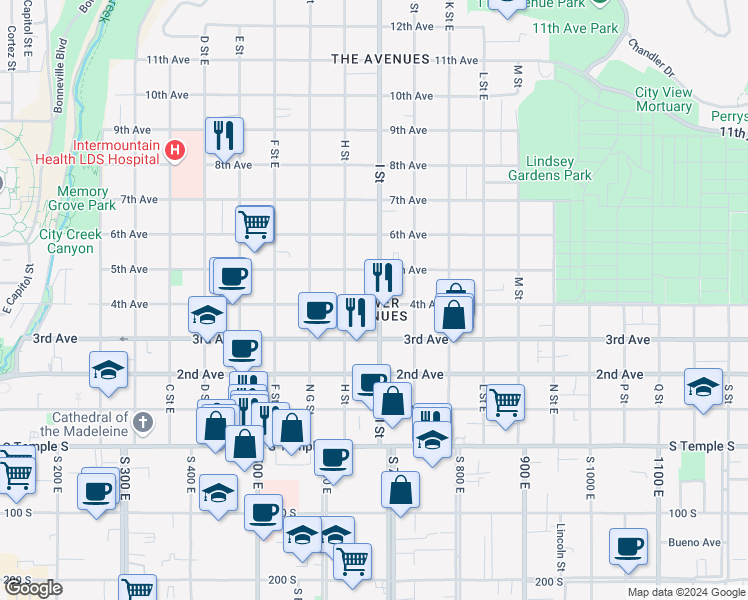 map of restaurants, bars, coffee shops, grocery stores, and more near 186 I Street in Salt Lake City