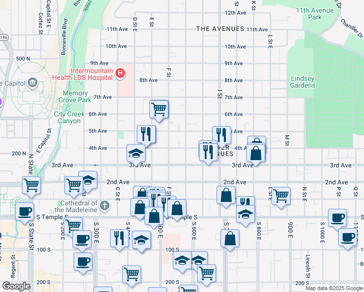 map of restaurants, bars, coffee shops, grocery stores, and more near 224 North G Street in Salt Lake City