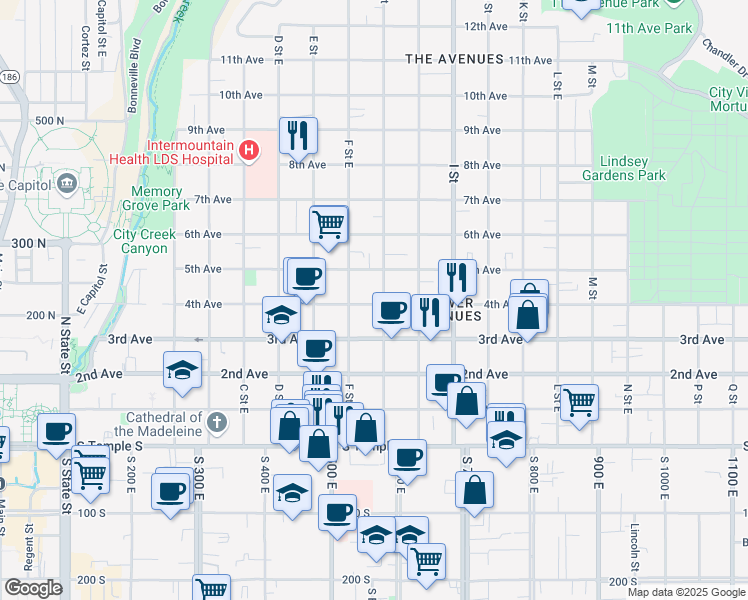 map of restaurants, bars, coffee shops, grocery stores, and more near 224 North G Street in Salt Lake City