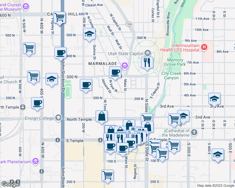 map of restaurants, bars, coffee shops, grocery stores, and more near 240 North Vine Street in Salt Lake City