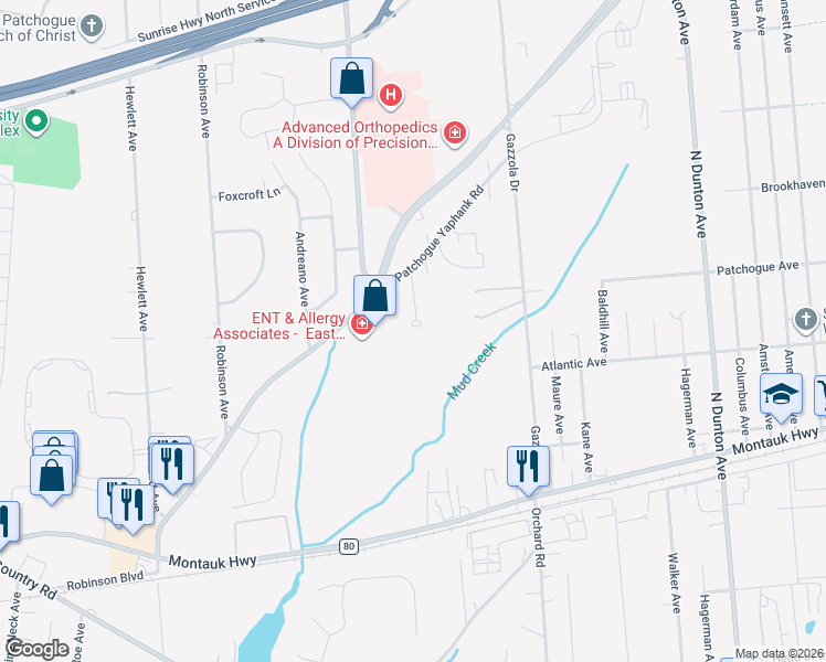 map of restaurants, bars, coffee shops, grocery stores, and more near 260 Patchogue Yaphank Road in East Patchogue
