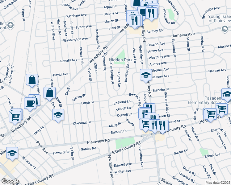 map of restaurants, bars, coffee shops, grocery stores, and more near 18 Hunter Lane in Hicksville