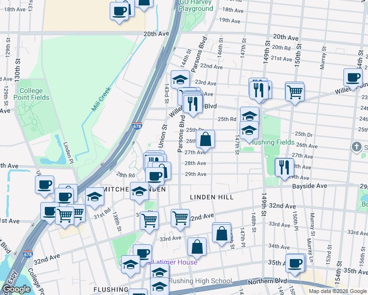 map of restaurants, bars, coffee shops, grocery stores, and more near 144-15 26th Avenue in Queens