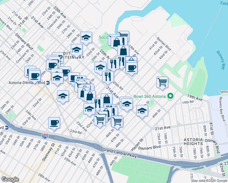 map of restaurants, bars, coffee shops, grocery stores, and more near 41-08 20th Road in Queens