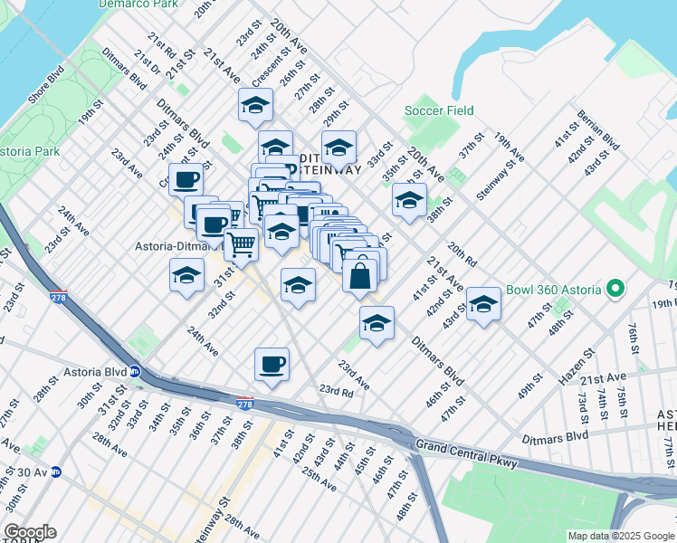 map of restaurants, bars, coffee shops, grocery stores, and more near in Queens