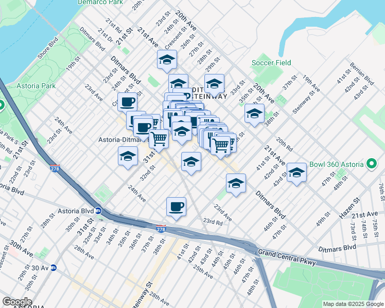 map of restaurants, bars, coffee shops, grocery stores, and more near in Queens