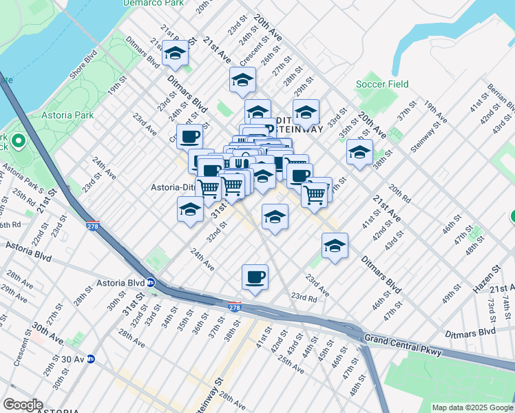 map of restaurants, bars, coffee shops, grocery stores, and more near 22-48 33rd Street in Queens