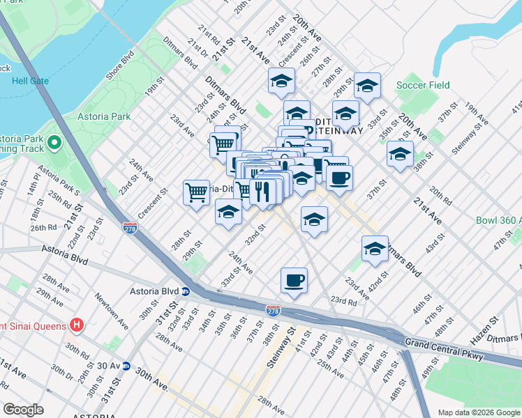 map of restaurants, bars, coffee shops, grocery stores, and more near 2275 31st Street in Queens