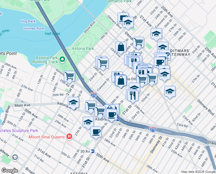map of restaurants, bars, coffee shops, grocery stores, and more near 23-90 26th Street in Queens