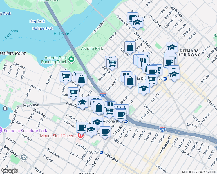 map of restaurants, bars, coffee shops, grocery stores, and more near 24-24 Crescent Street in Queens