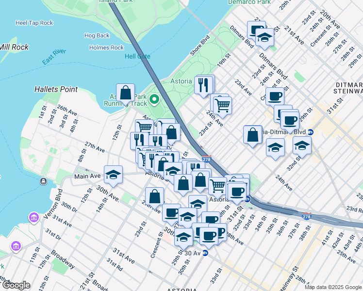 map of restaurants, bars, coffee shops, grocery stores, and more near 21-20 Hoyt Avenue South in Queens