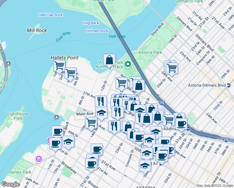 map of restaurants, bars, coffee shops, grocery stores, and more near 25-54 14th Place in Queens