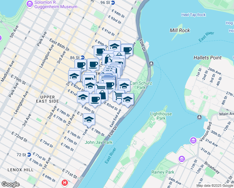map of restaurants, bars, coffee shops, grocery stores, and more near 519 East 84th Street in New York